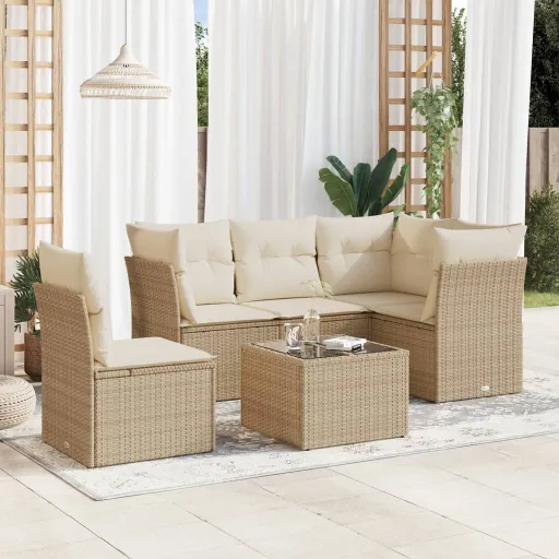 Conjunto de Sofás p/ Jardim com Almofadões Vime PE Bege (6 pcs)