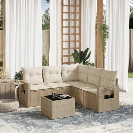 Conjunto de Sofás p/ Jardim com Almofadões Vime PE Bege (6 pcs)