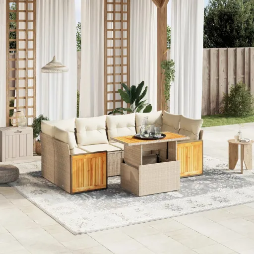 Conjunto de Sofás p/ Jardim com Almofadões Vime PE Bege (7 pcs)