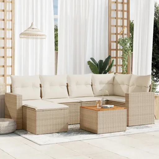 Conjunto de Sofás p/ Jardim com Almofadões Vime PE Bege (7 pcs)