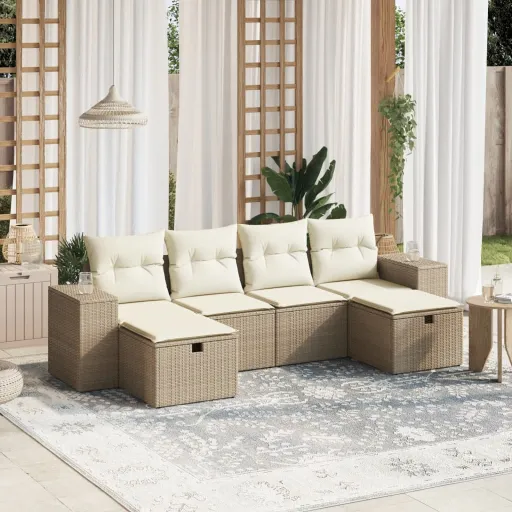 Conjunto de Sofás p/ Jardim com Almofadões Vime PE Bege (6 pcs)