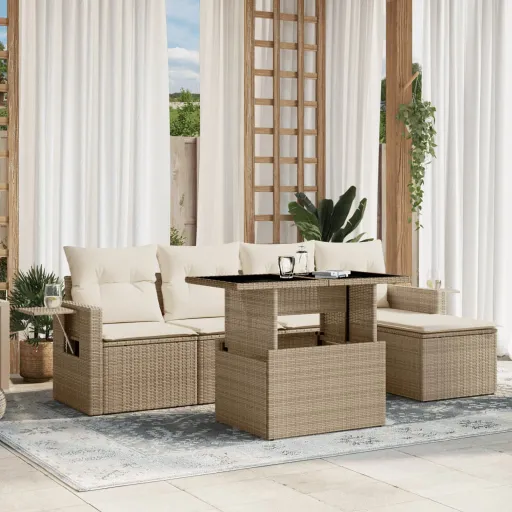 Conjunto de Sofás p/ Jardim com Almofadões Vime PE Bege (6 pcs)