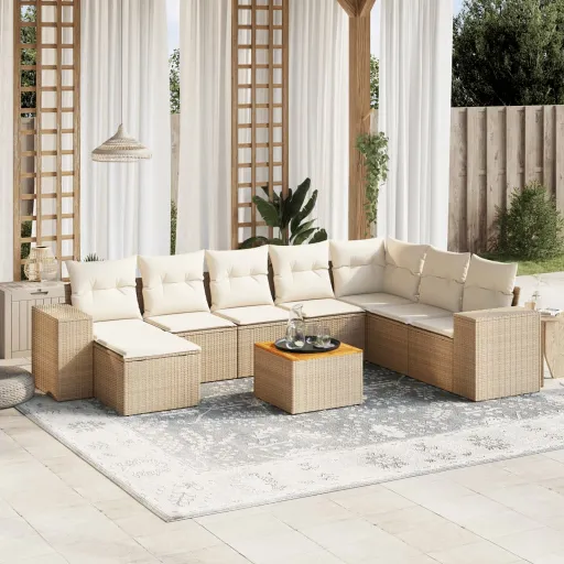 Conjunto de Sofás p/ Jardim com Almofadões Vime PE Bege (9 pcs)