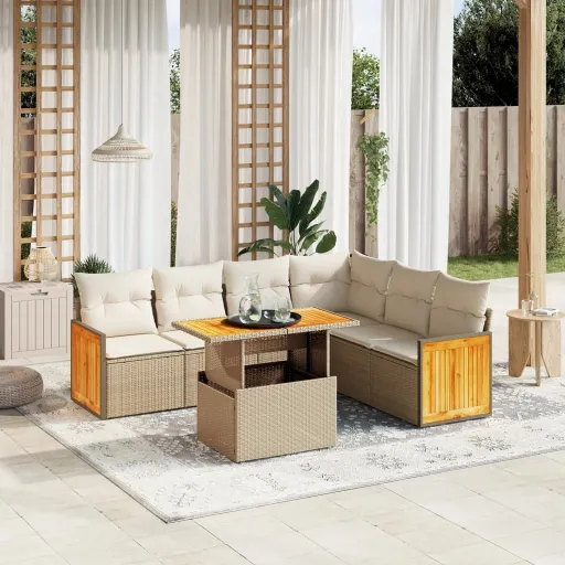 Conjunto de Sofás p/ Jardim com Almofadões Vime PE Bege (7 pcs)