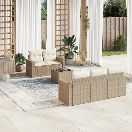 Conjunto de Sofás p/ Jardim com Almofadões Vime PE Bege (6 pcs)