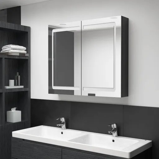 Armário Espelhado Casa de Banho LED 80x12x68 cm Preto Brilhante