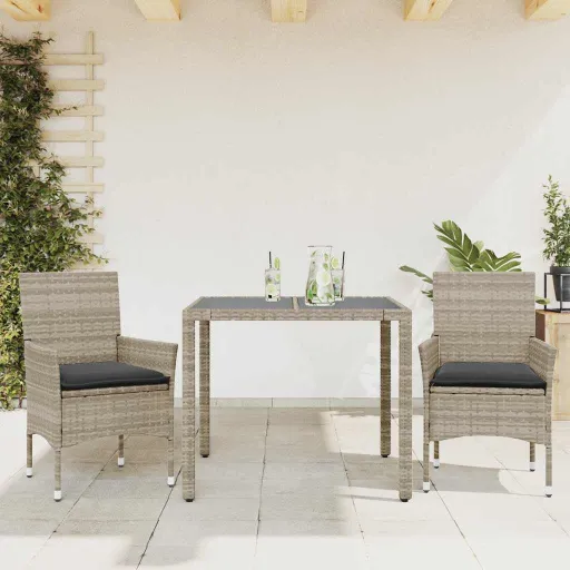 Conjunto Jantar Jardim c/ Almofadões PE/Vidro Cinza Claro (3 pcs)