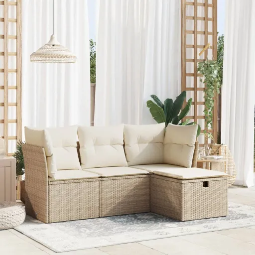 Conjunto de Sofás para Jardim c/ Almofadões Vime PE Bege (4 pcs)