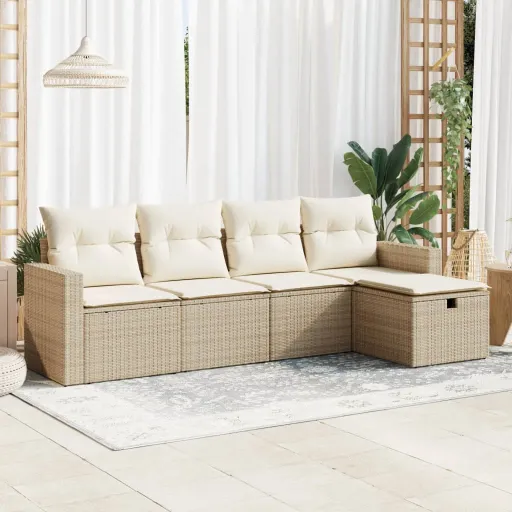 Conjunto de Sofás p/ Jardim com Almofadões Vime PE Bege (5 pcs)