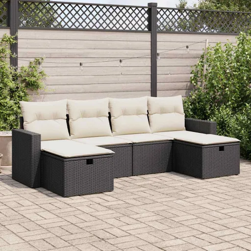 Conjunto Sofás de Jardim c/ Almofadões Vime PE Preto (6 pcs)