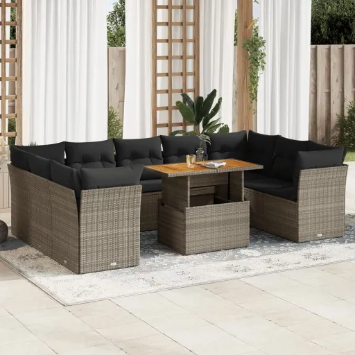Conjunto Sofás de Jardim c/ Almofadões Vime PE Cinzento (10 pcs)