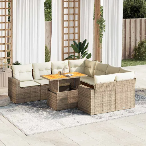 Conjunto de Sofás p/ Jardim com Almofadões Vime PE Bege (9 pcs)