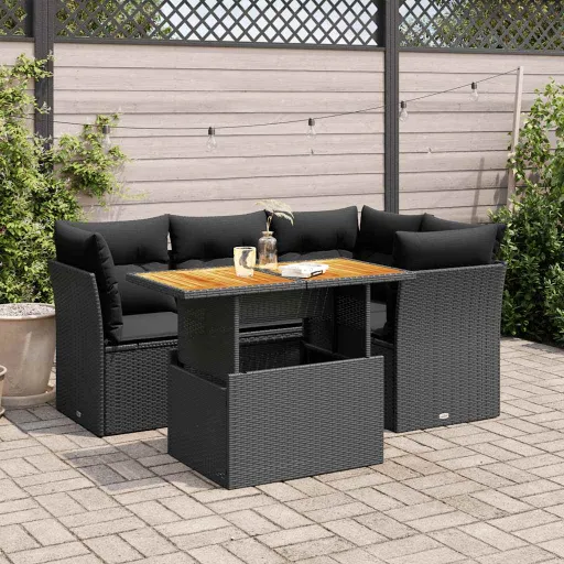 Conjunto Sofás de Jardim com Almofadões Vime PE Preto (5 pcs)