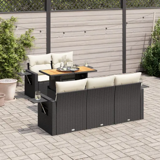 Conjunto Sofás de Jardim c/ Almofadões Vime PE Preto (6 pcs)