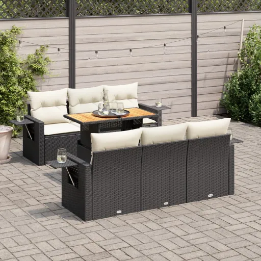 Conjunto de Sofás p/ Jardim c/ Almofadões Vime PE Preto (7 pcs)