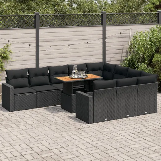 Conjunto Sofás de Jardim c/ Almofadões Vime PE Preto (11 pcs)