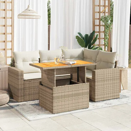 Conjunto de Sofás p/ Jardim com Almofadões Vime PE Bege (5 pcs)