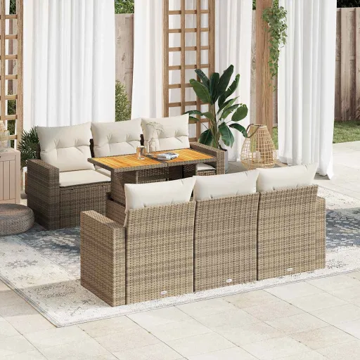 Conjunto de Sofás p/ Jardim com Almofadões Vime PE Bege (7 pcs)