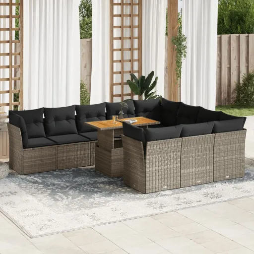 Conjunto Sofás de Jardim c/ Almofadões Vime PE Cinzento (11 pcs)