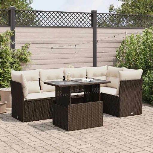 Conjunto de Sofás Jardim c/ Almofadões Vime PE Castanho (6 pcs)