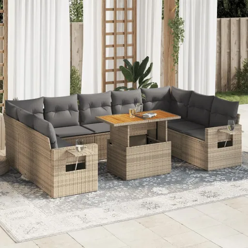 Conjunto de Sofás p/ Jardim com Almofadões Vime PE Bege (10 pcs)