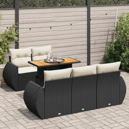 Conjunto Sofás de Jardim c/ Almofadões Vime PE Preto (6 pcs)