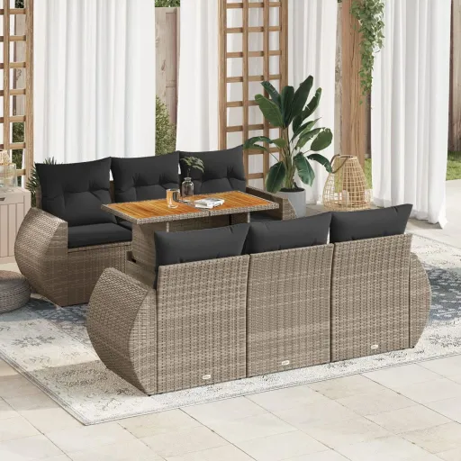 Conjunto Sofás p/ Jardim c/ Almofadões Vime PE Cinzento (7 pcs)