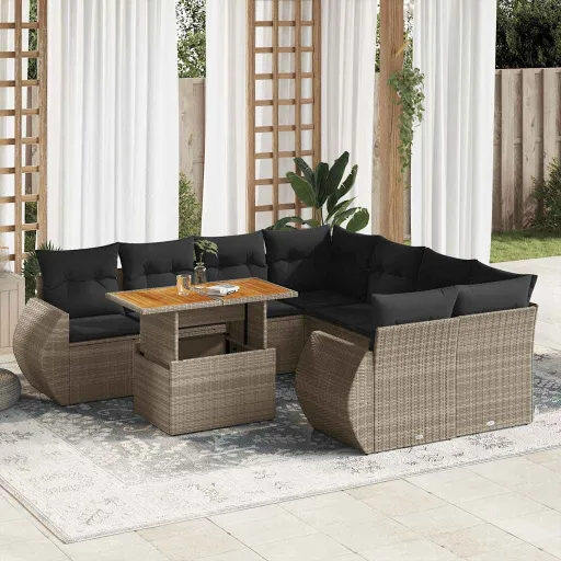 Conjunto Sofás p/ Jardim com Almofadões Vime PE Cinzento (9 pcs)