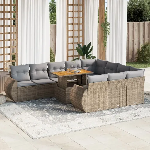 Conjunto Sofás de Jardim c/ Almofadões Vime PE Bege (11 pcs)