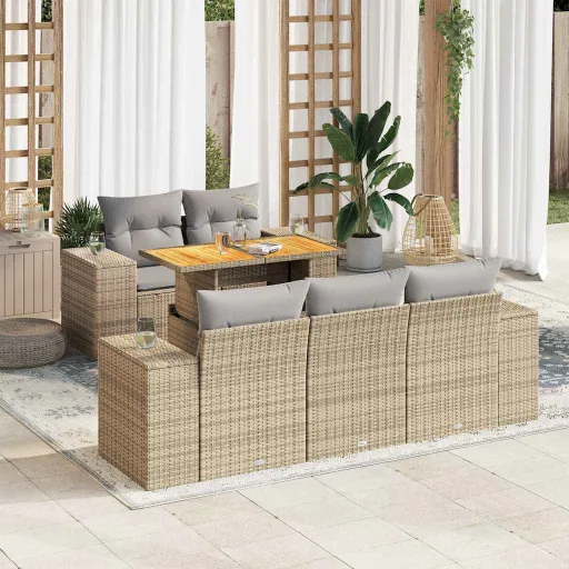 Conjunto de Sofás p/ Jardim com Almofadões Vime PE Bege (6 pcs)
