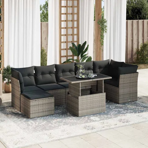 Conjunto Sofás de Jardim c/ Almofadões Vime PE Cinzento (8 pcs)