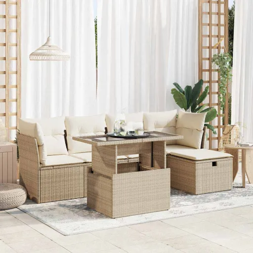 Conjunto de Sofás p/ Jardim com Almofadões Vime PE Bege (6 pcs)