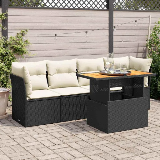 Conjunto Sofás de Jardim com Almofadões Vime PE Preto (5 pcs)