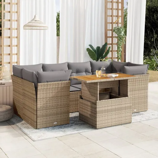 Conjunto de Sofás p/ Jardim com Almofadões Vime PE Bege (7 pcs)