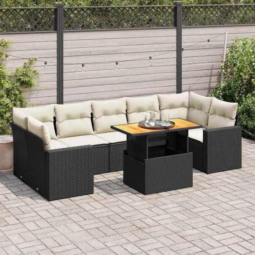 Conjunto Sofás de Jardim com Almofadões Vime PE Preto (8 pcs)