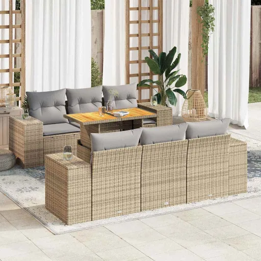 Conjunto de Sofás p/ Jardim com Almofadões Vime PE Bege (7 pcs)