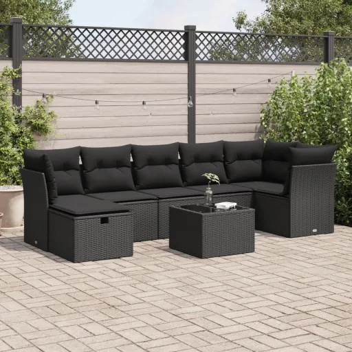 Conjunto Sofás de Jardim com Almofadões Vime PE Preto (8 pcs)