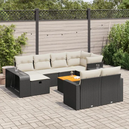 Conjunto Sofás de Jardim c/ Almofadões Vime PE Preto (11 pcs)