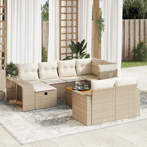 Conjunto Sofás de Jardim c/ Almofadões Vime PE Bege (11 pcs)