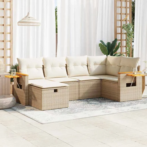Conjunto de Sofás p/ Jardim com Almofadões Vime PE Bege (6 pcs)