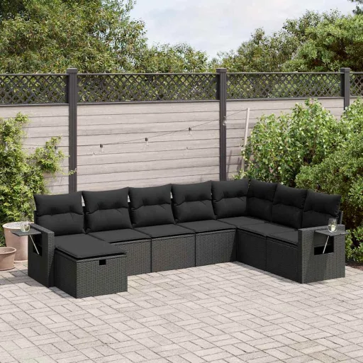 Conjunto Sofás de Jardim com Almofadões Vime PE Preto (8 pcs)