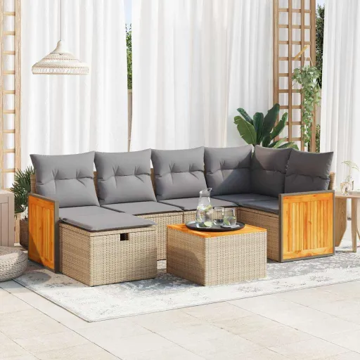 Conjunto de Sofás p/ Jardim com Almofadões Vime PE Bege (7 pcs)