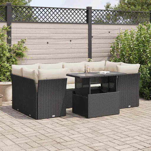 Conjunto de Sofás p/ Jardim c/ Almofadões Vime PE Preto (7 pcs)