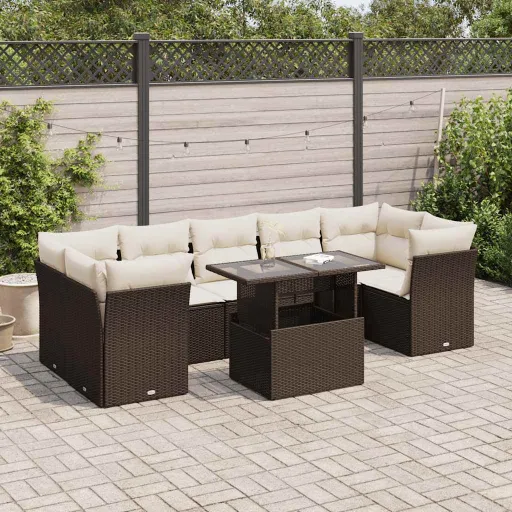Conjunto Sofás de Jardim c/ Almofadões Vime PE Castanho (8 pcs)