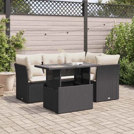 Conjunto Sofás de Jardim com Almofadões Vime PE Preto (5 pcs)