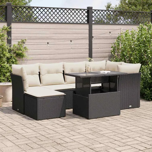 Conjunto de Sofás p/ Jardim c/ Almofadões Vime PE Preto (7 pcs)