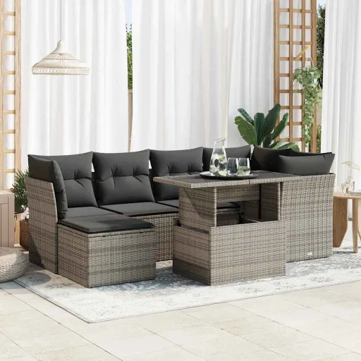 Conjunto Sofás p/ Jardim c/ Almofadões Vime PE Cinzento (7 pcs)