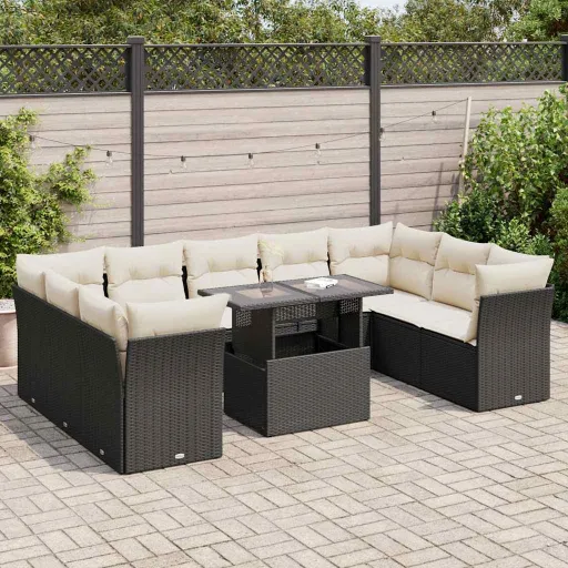 Conjunto Sofás de Jardim c/ Almofadões Vime PE Preto (10 pcs)