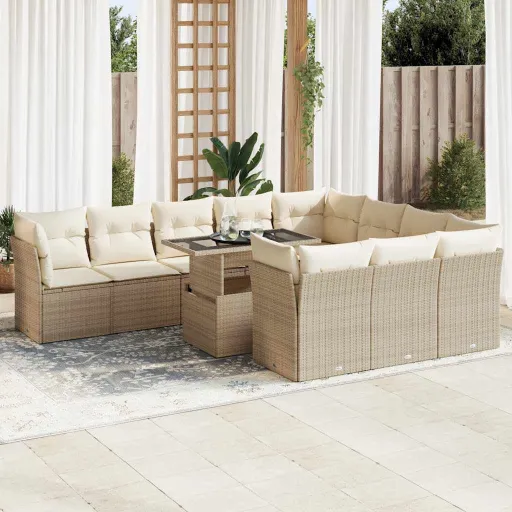 Conjunto Sofás de Jardim c/ Almofadões Vime PE Bege (11 pcs)