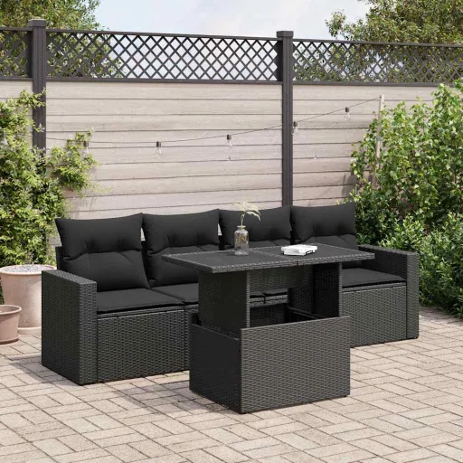 Conjunto Sofás de Jardim com Almofadões Vime PE Preto (5 pcs)